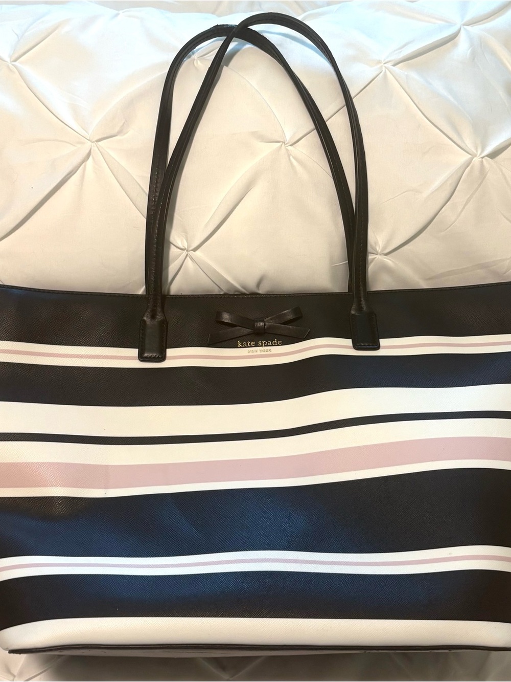 Kate Spade Boutique Large Stripe Bow Tote Black White & Pink Shoulder Bag